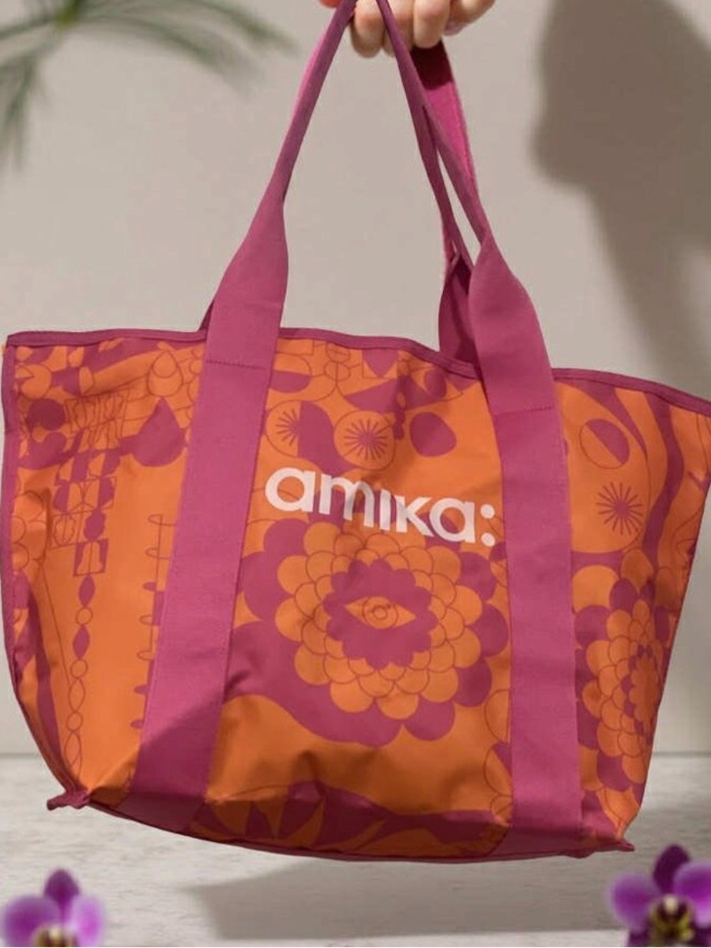 amika Orange and Pink Floral Print Tote